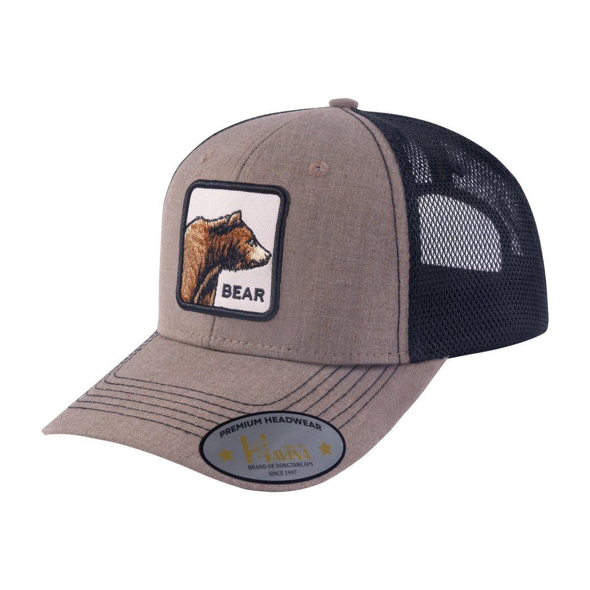 Unisex Embroidered The Bear, 6-Panel Trucker Hat, Light Brown/Black, Adjustable Fit