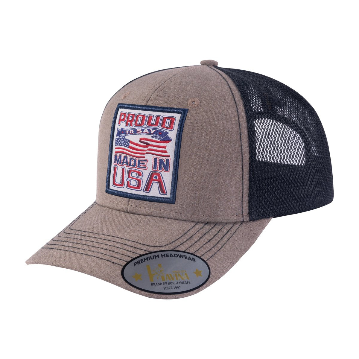 Unisex Embroidered Proud To Say Made In US, 6-Panel Trucker Hat, Light Brown/Black, Adjustable Fit
