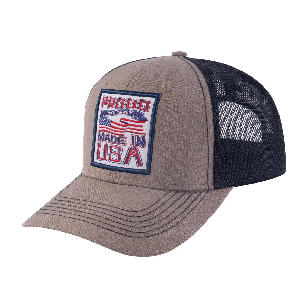 Unisex Embroidered Proud To Say Made In US, 6-Panel Trucker Hat, Light Brown/Black, Adjustable Fit