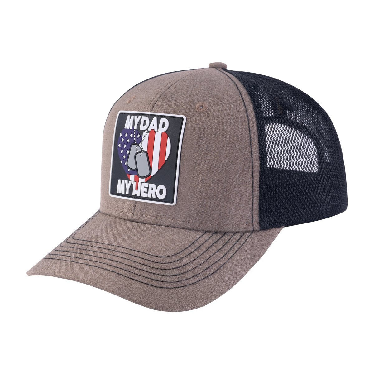 Unisex Embroidered My Dad My Hero, 6-Panel Trucker Hat, Light Brown/Black, Adjustable Fit