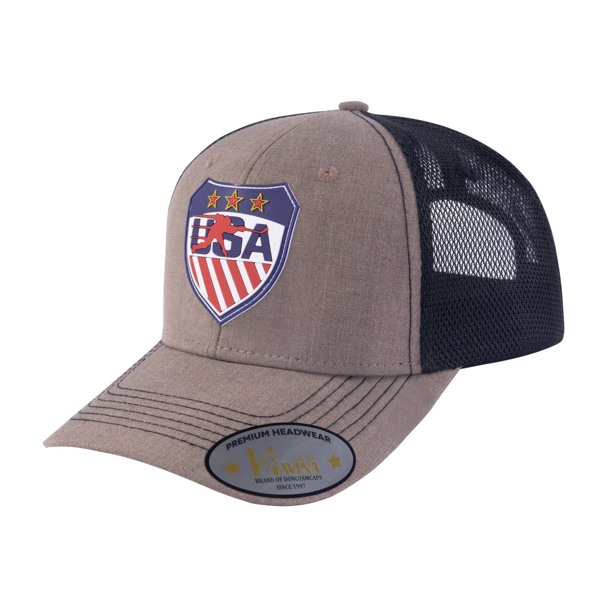 Unisex Embroidered US Loving Hockey, 6-Panel Trucker Hat, Light Brown/Black, Adjustable Fit