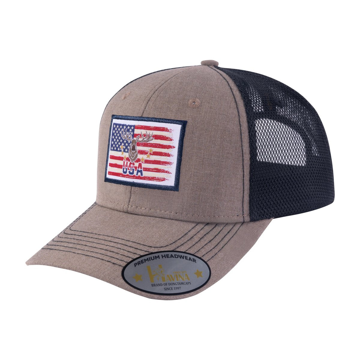 Unisex Embroidered US Deer Hunter, 6-Panel Trucker Hat, Light Brown, Adjustable Fit