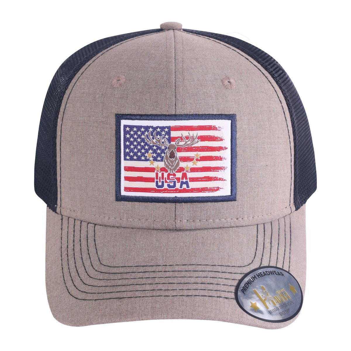 Unisex Embroidered Usa Deer Hunter, 6-Panel Trucker Hat, Light Brown, Adjustable Fit