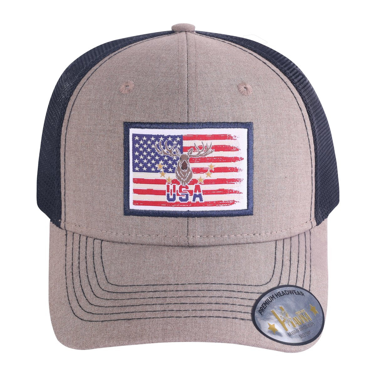 Unisex Embroidered US Deer Hunter, 6-Panel Trucker Hat, Light Brown, Adjustable Fit