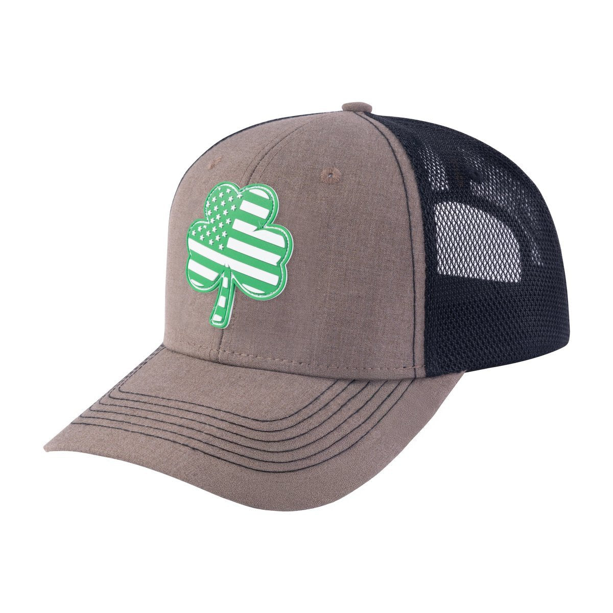 Unisex Embroidered St. Patrick'S Day Four Leaf Shamrock, 6-Panel Trucker Hat, Light Brown/Black, Adjustable Fit