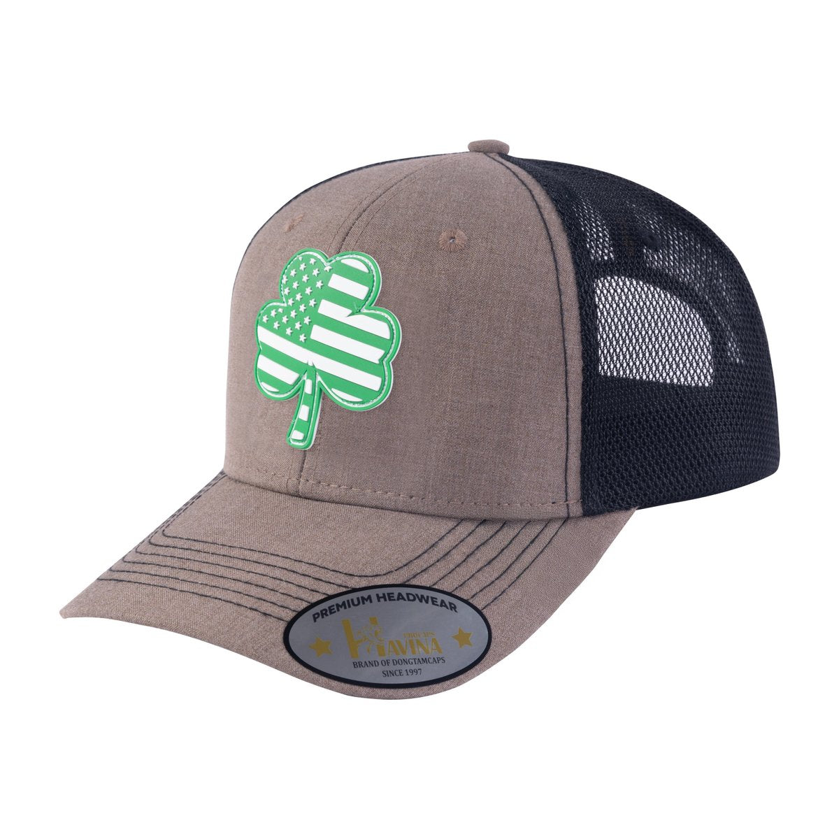 Unisex Embroidered St. Patrick'S Day Four Leaf Shamrock, 6-Panel Trucker Hat, Light Brown/Black, Adjustable Fit