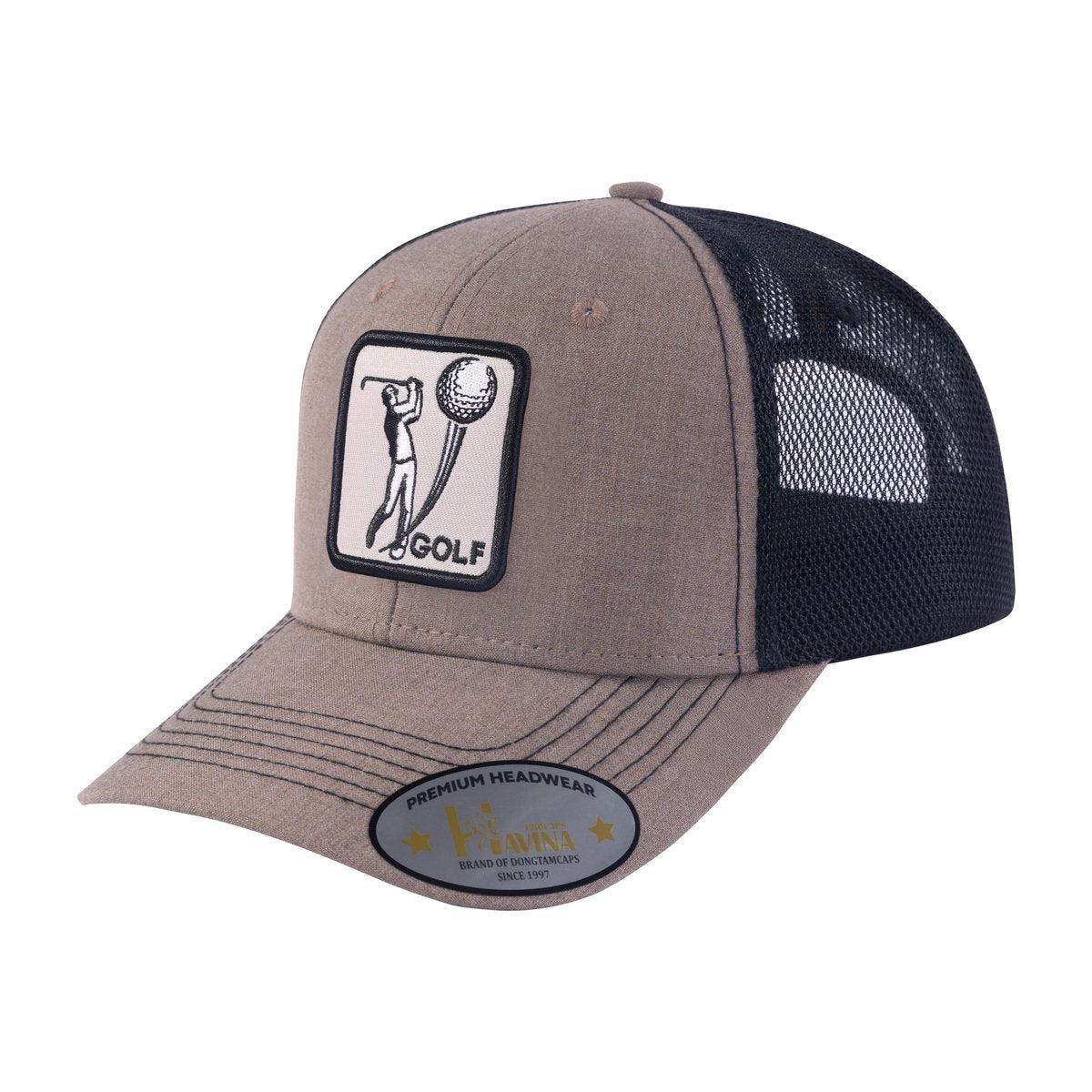 Unisex Embroidered Golf, 6-Panel Trucker Hat, Light Brown/Black, Adjustable Fit
