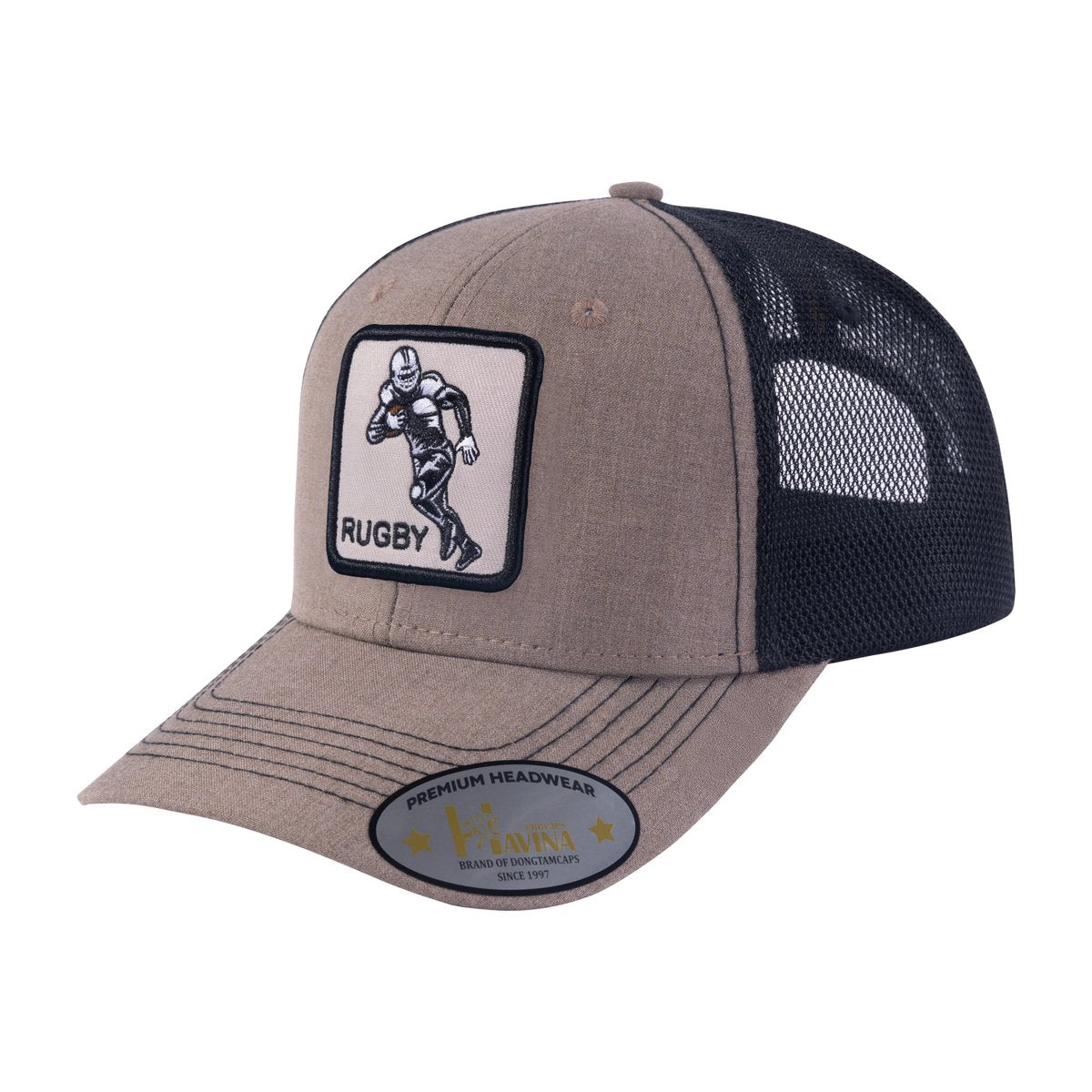 Unisex Embroidered Rugby/Football, 6-Panel Trucker Hat, Light Brown/Black, Adjustable Fit