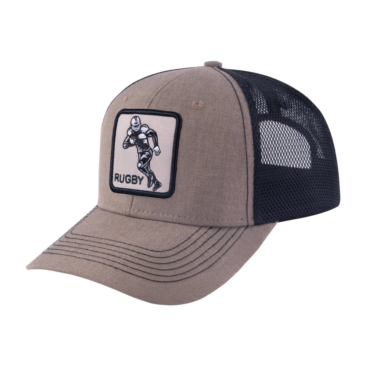 Unisex Embroidered Rugby/Football, 6-Panel Trucker Hat, Light Brown/Black, Adjustable Fit
