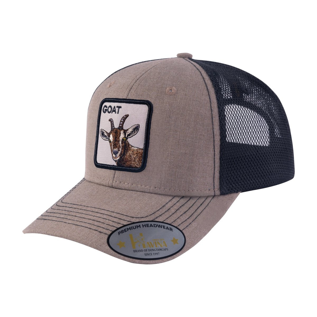 Unisex Embroidered The Goat, 6-Panel Trucker Hat, Light Brown/Black, Adjustable Fit