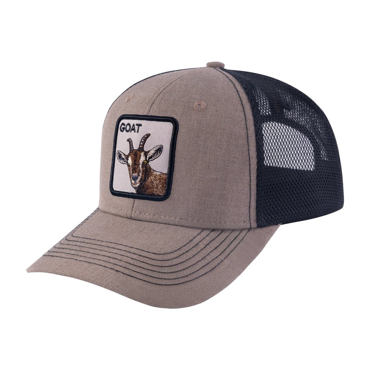 Unisex Embroidered The Goat, 6-Panel Trucker Hat, Light Brown/Black, Adjustable Fit