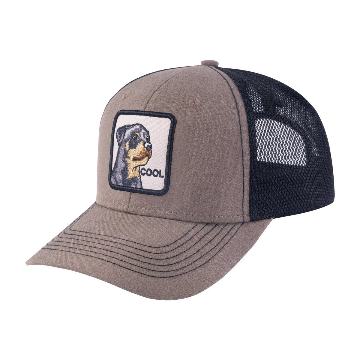 Unisex Embroidered The Cool Dog, 6-Panel Trucker Hat, Light Brown/Black, Adjustable Fit
