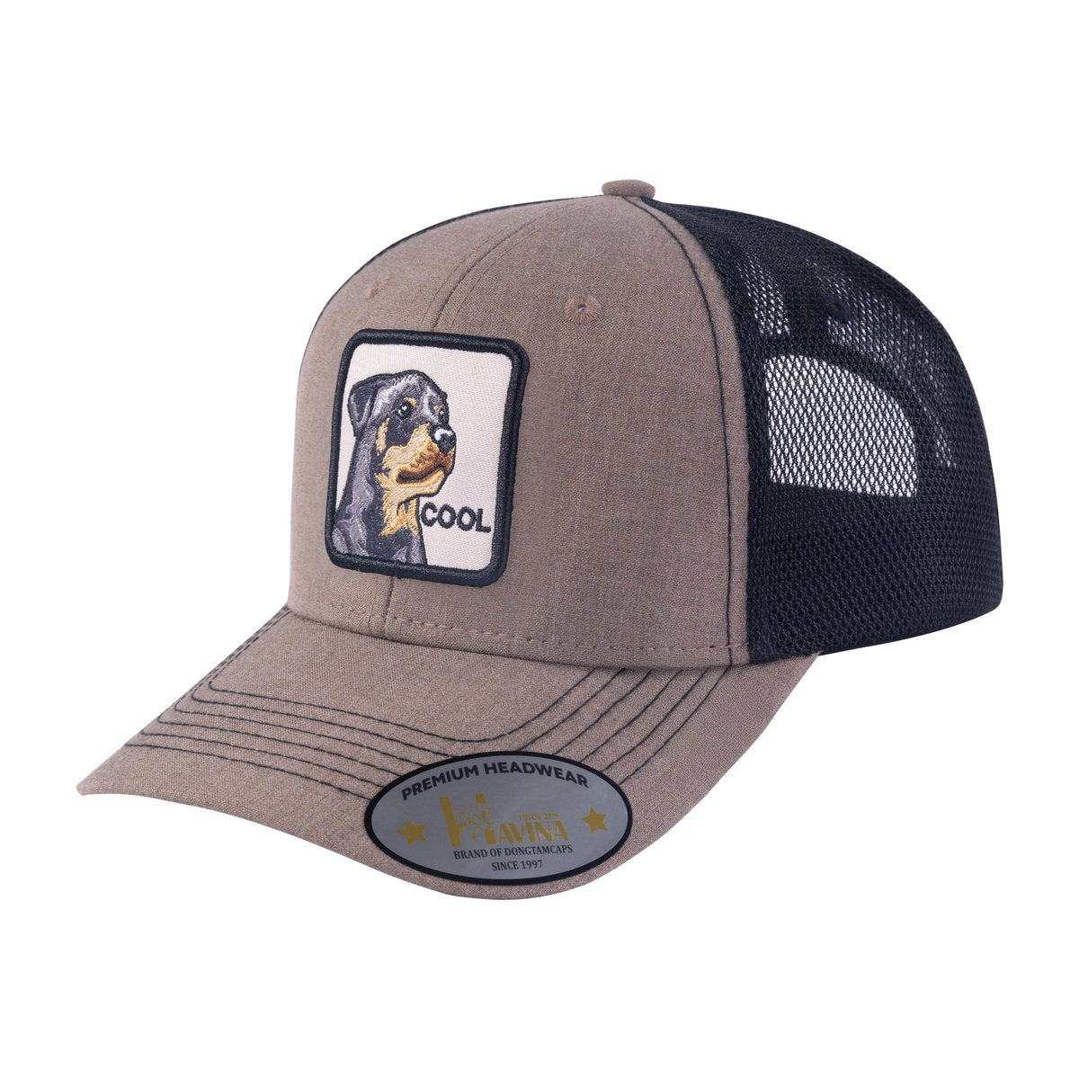 Unisex Embroidered The Cool Dog, 6-Panel Trucker Hat, Light Brown/Black, Adjustable Fit