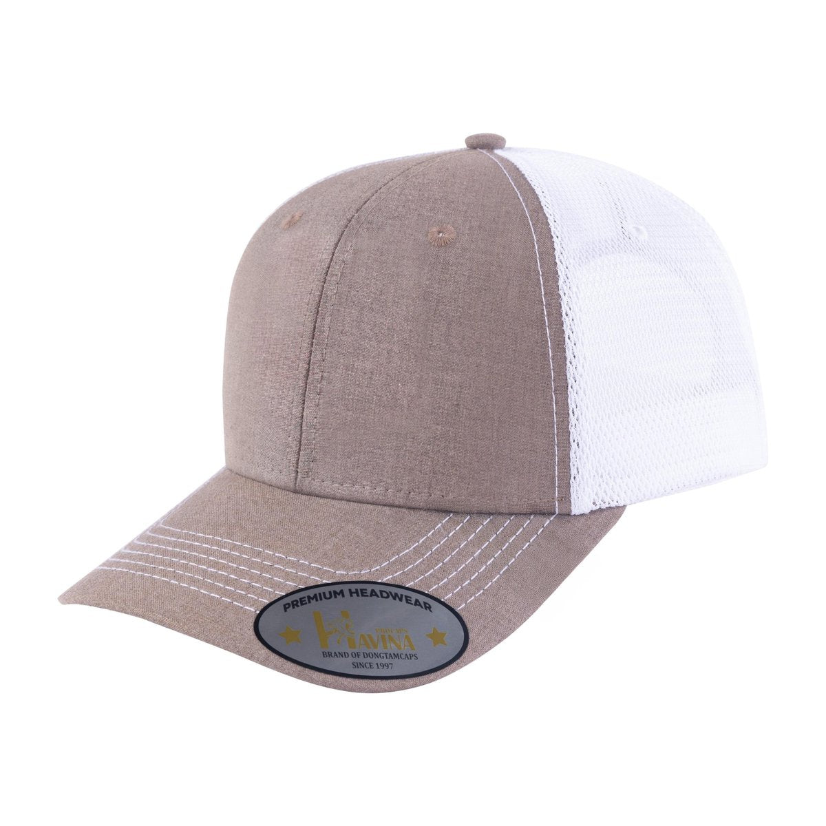 Blank - 6 Panel Trucker Hat - Light Brown/White
