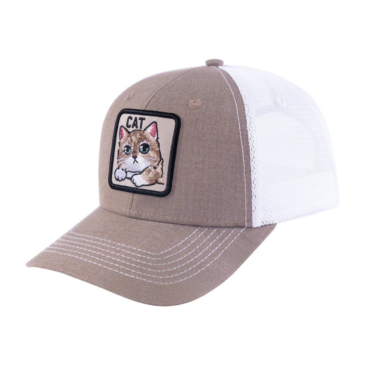 Unisex Embroidered The Cat, 6-Panel Trucker Hat, Light Brown/White, Adjustable Fit