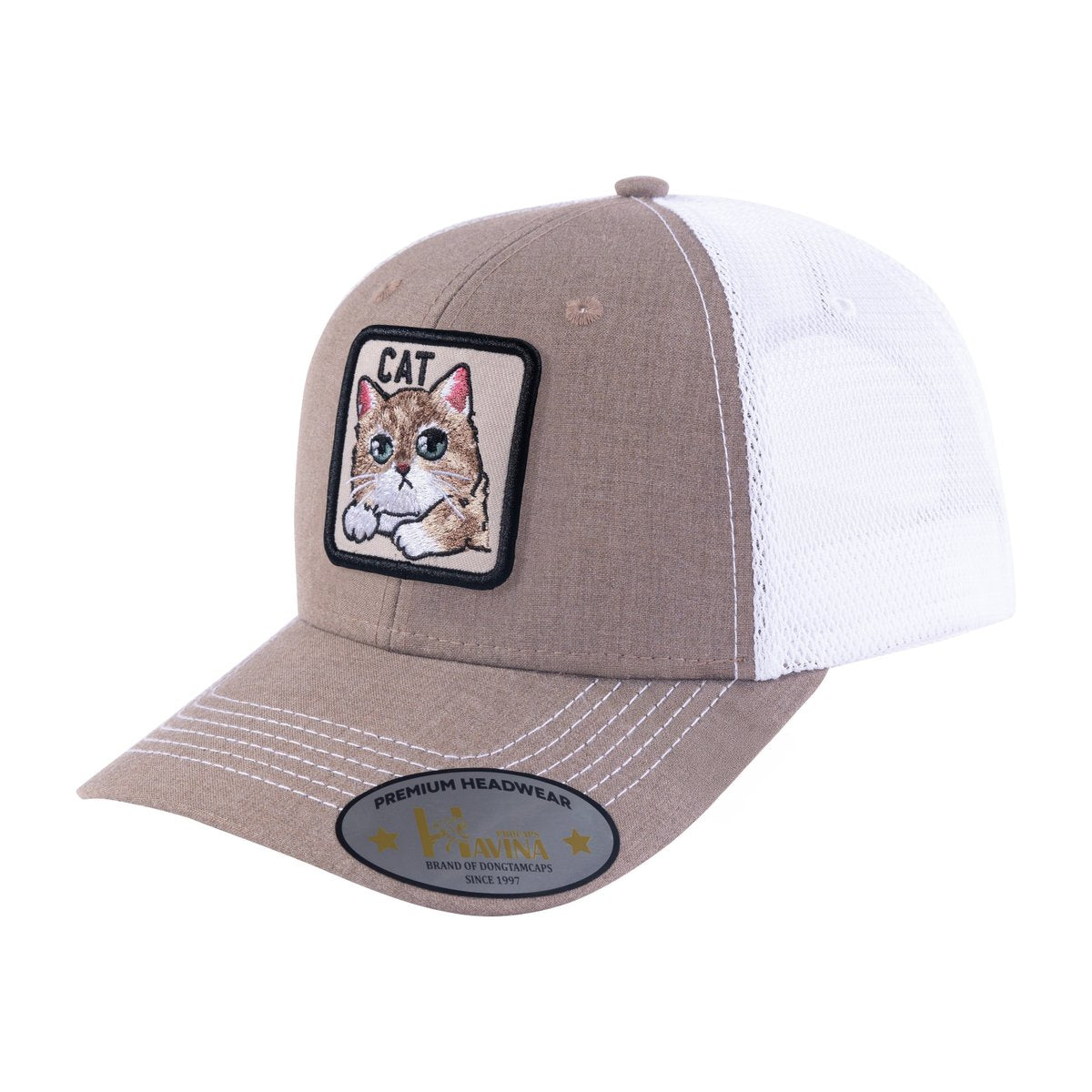 Unisex Embroidered The Cat, 6-Panel Trucker Hat, Light Brown/White, Adjustable Fit