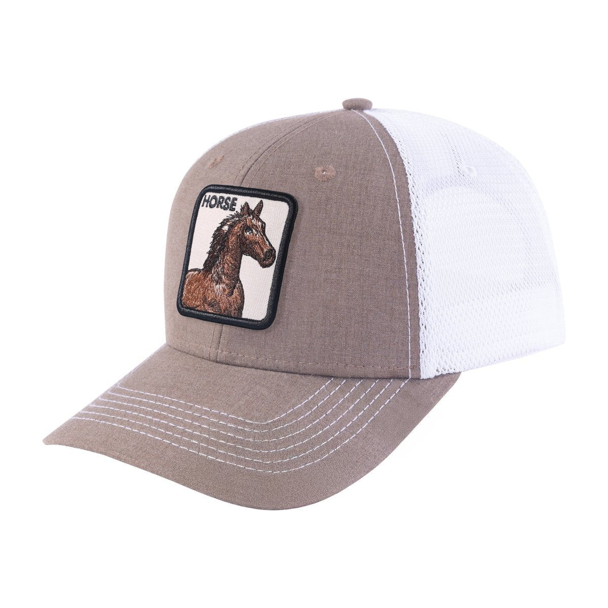Unisex Embroidered The Horse, 6-Panel Trucker Hat, Light Brown/White, Adjustable Fit