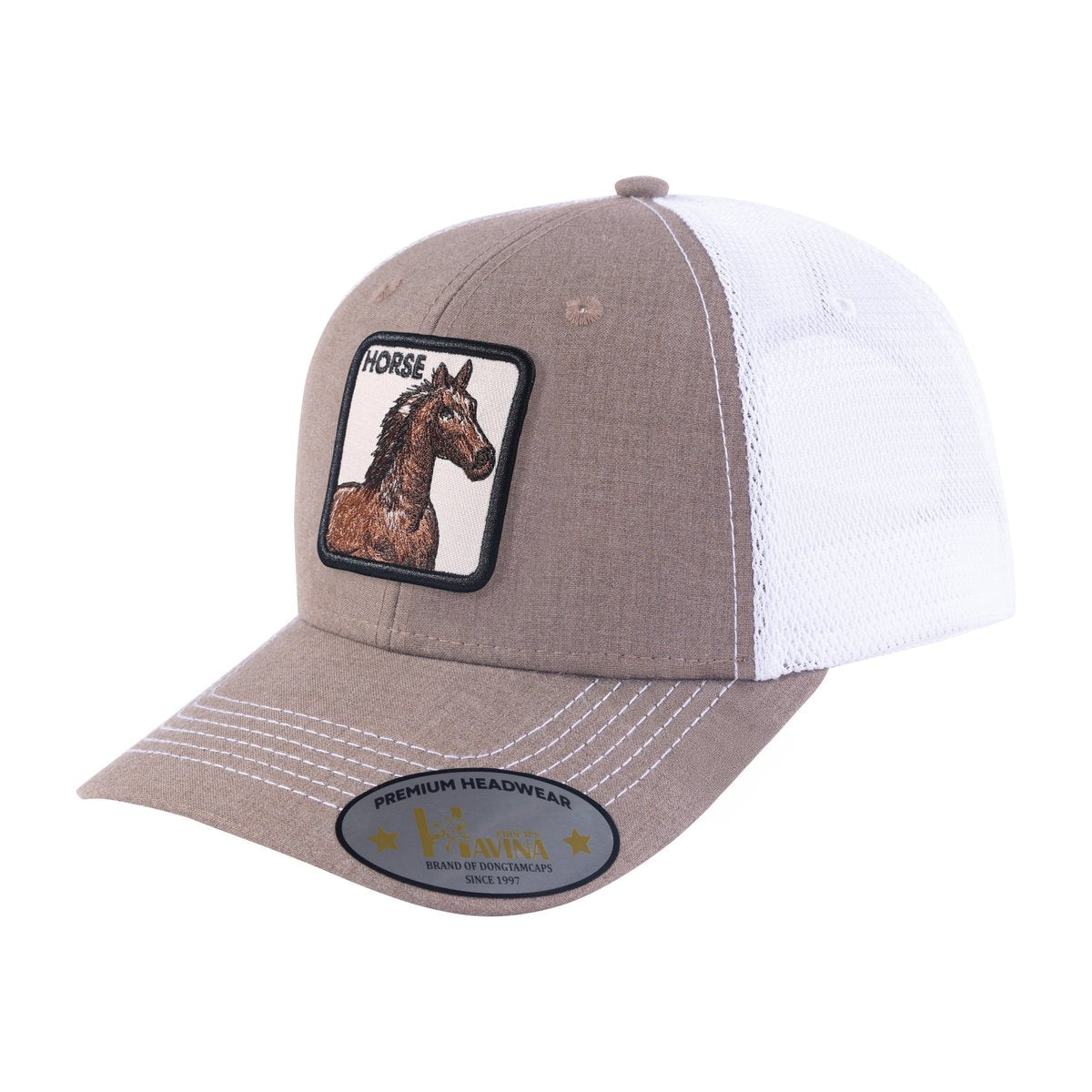 Unisex Embroidered The Horse, 6-Panel Trucker Hat, Light Brown/White, Adjustable Fit
