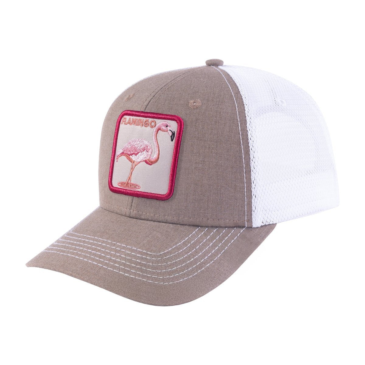 Unisex Embroidered The Flamingo, 6-Panel Trucker Hat, Light Brown/White, Adjustable Fit