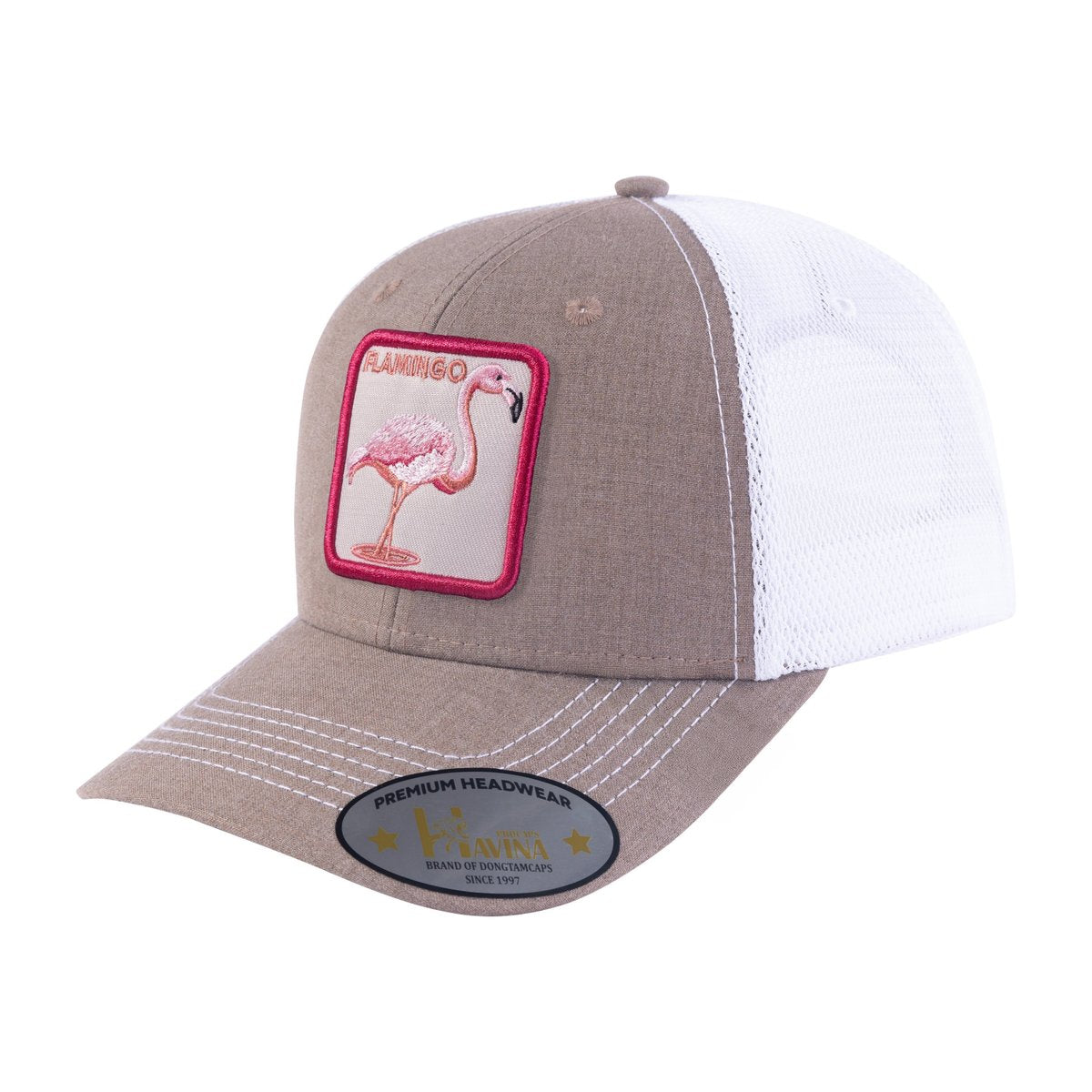 Unisex Embroidered The Flamingo, 6-Panel Trucker Hat, Light Brown/White, Adjustable Fit