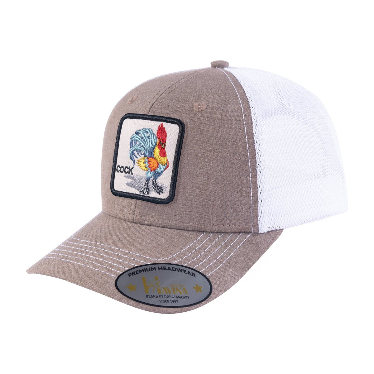 Unisex Embroidered The Cock, 6-Panel Trucker Hat, Light Brown/White, Adjustable Fit