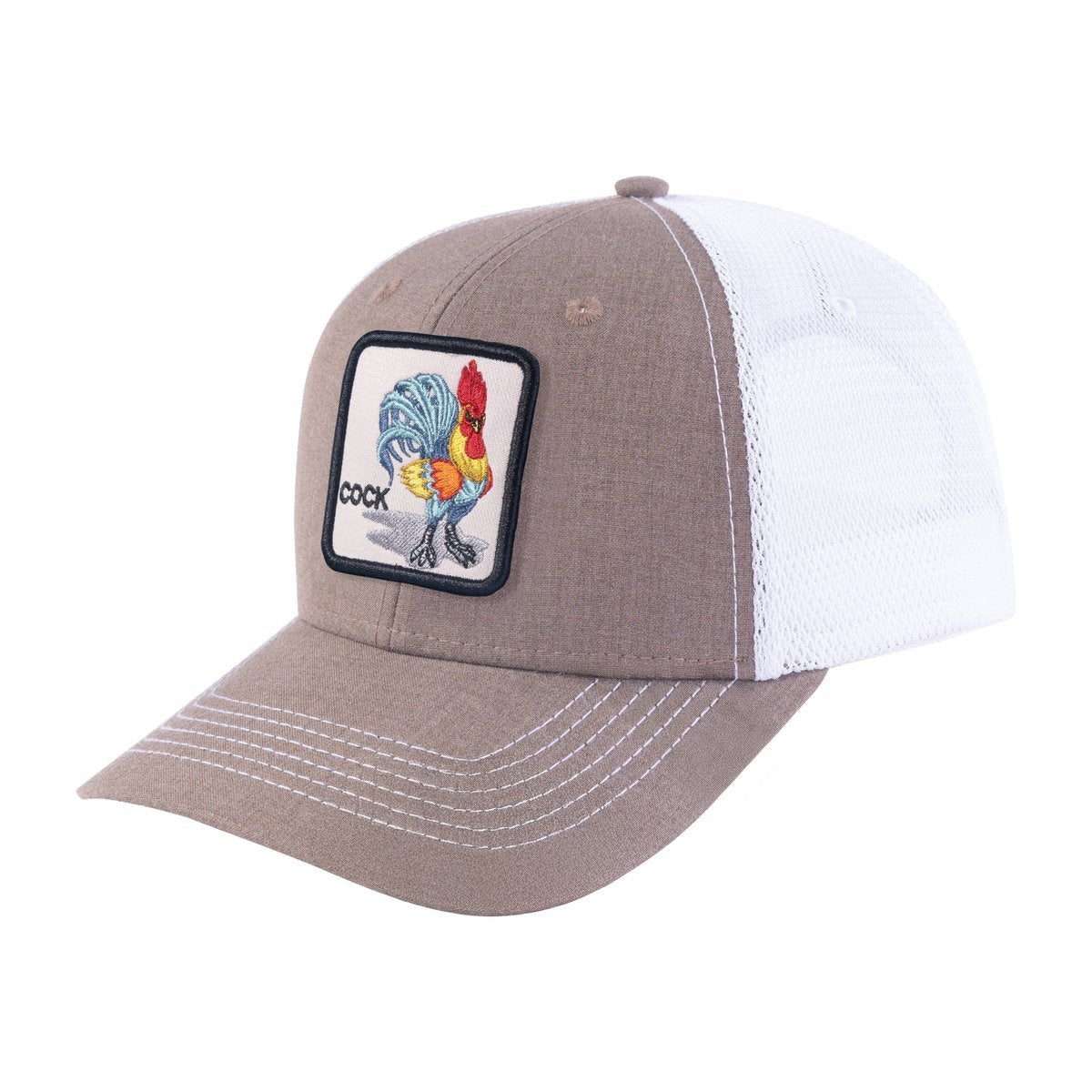 Unisex Embroidered The Chicken, 6-Panel Trucker Hat, Light Brown/White, Adjustable Fit