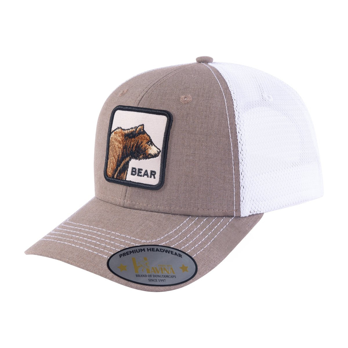 Unisex Embroidered The Bear, 6-Panel Trucker Hat, Light Brown/White, Adjustable Fit