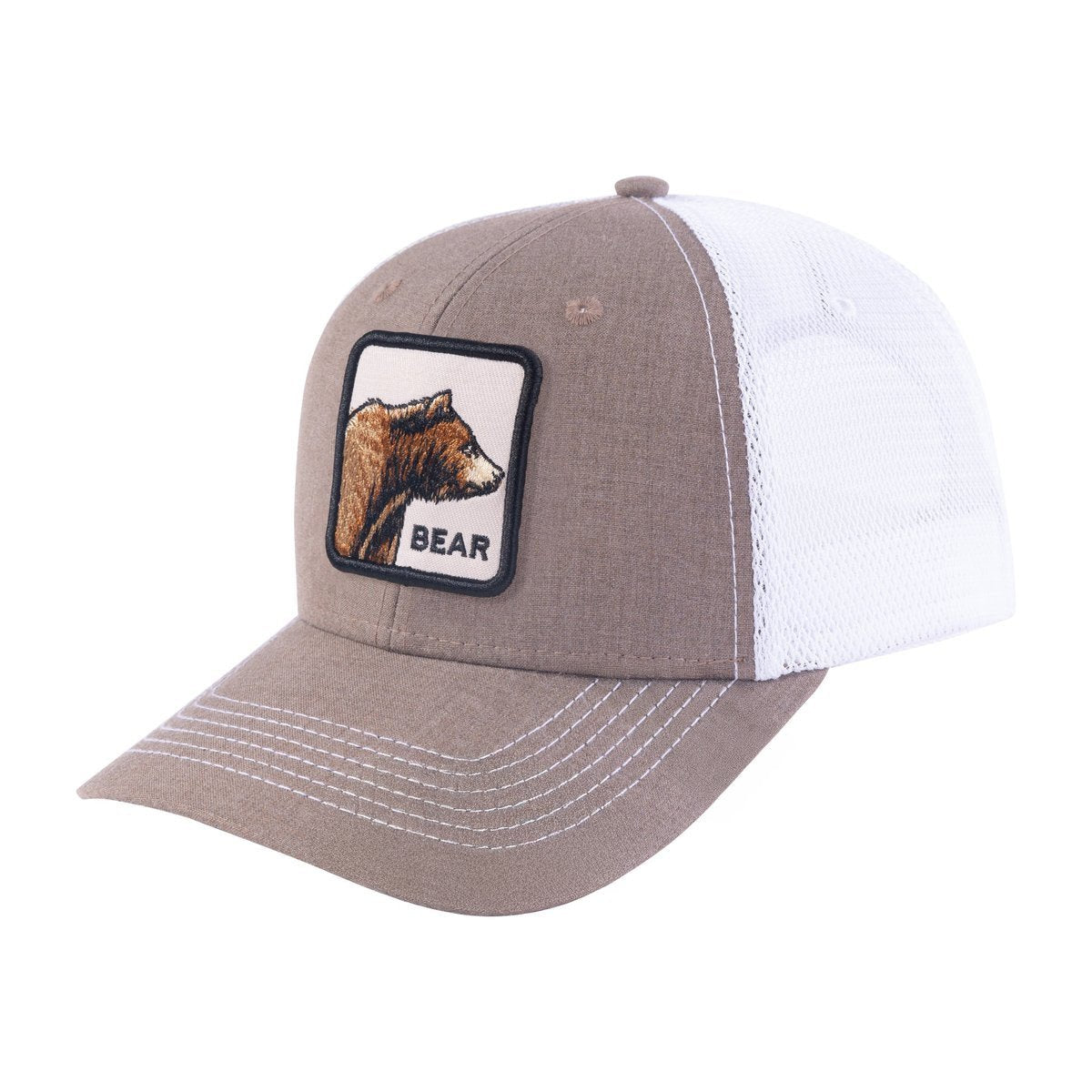 Unisex Embroidered The Bear, 6-Panel Trucker Hat, Light Brown/White, Adjustable Fit