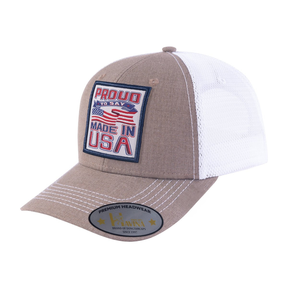 Unisex Embroidered Proud To Say Made In US, 6-Panel Trucker Hat, Light Brown/White, Adjustable Fit