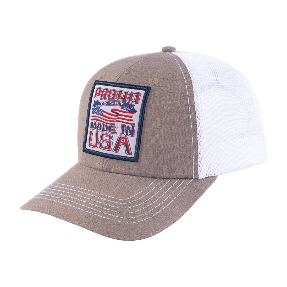 Unisex Embroidered Proud To Say Made In US, 6-Panel Trucker Hat, Light Brown/White, Adjustable Fit