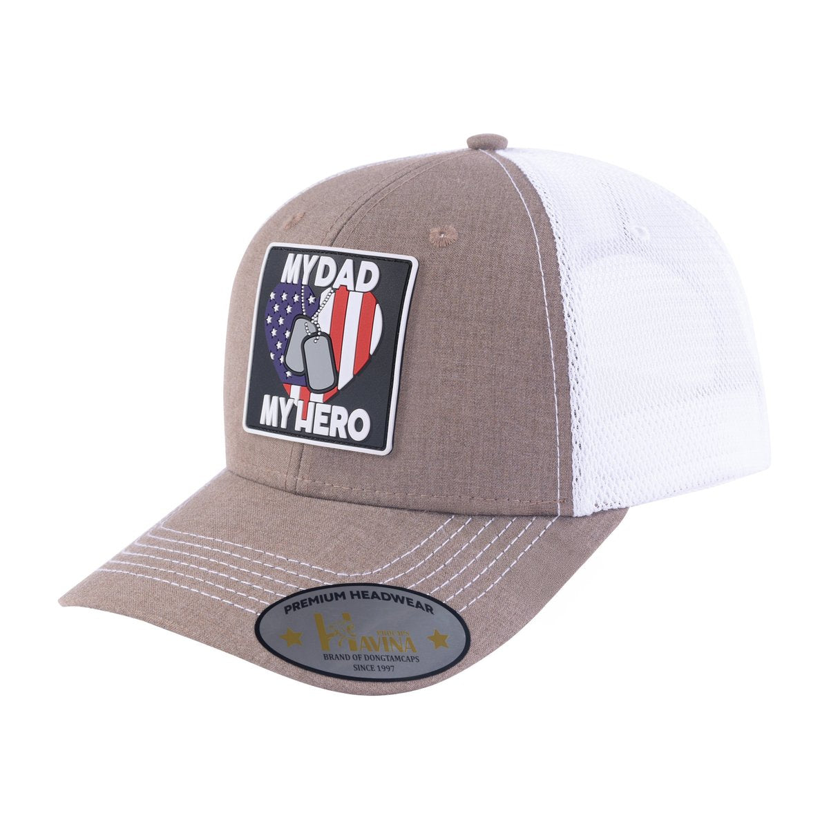 Unisex Embroidered My Dad My Hero, 6-Panel Trucker Hat, Light Brown/White, Adjustable Fit