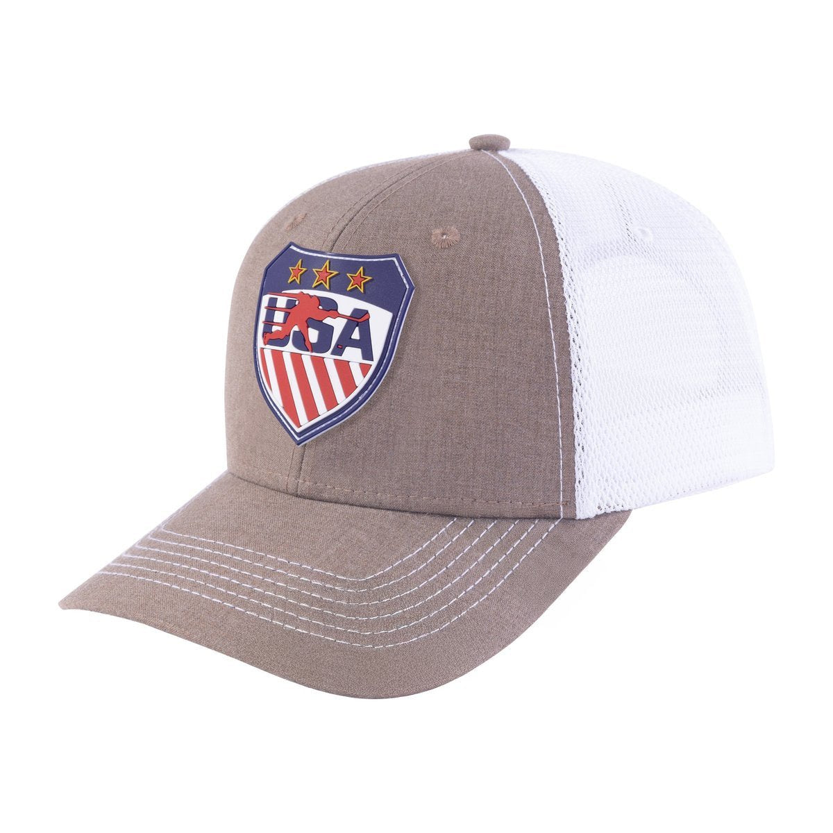 Unisex Embroidered Loving Hockey, 6-Panel Trucker Hat, Light Brown/White, Adjustable Fit