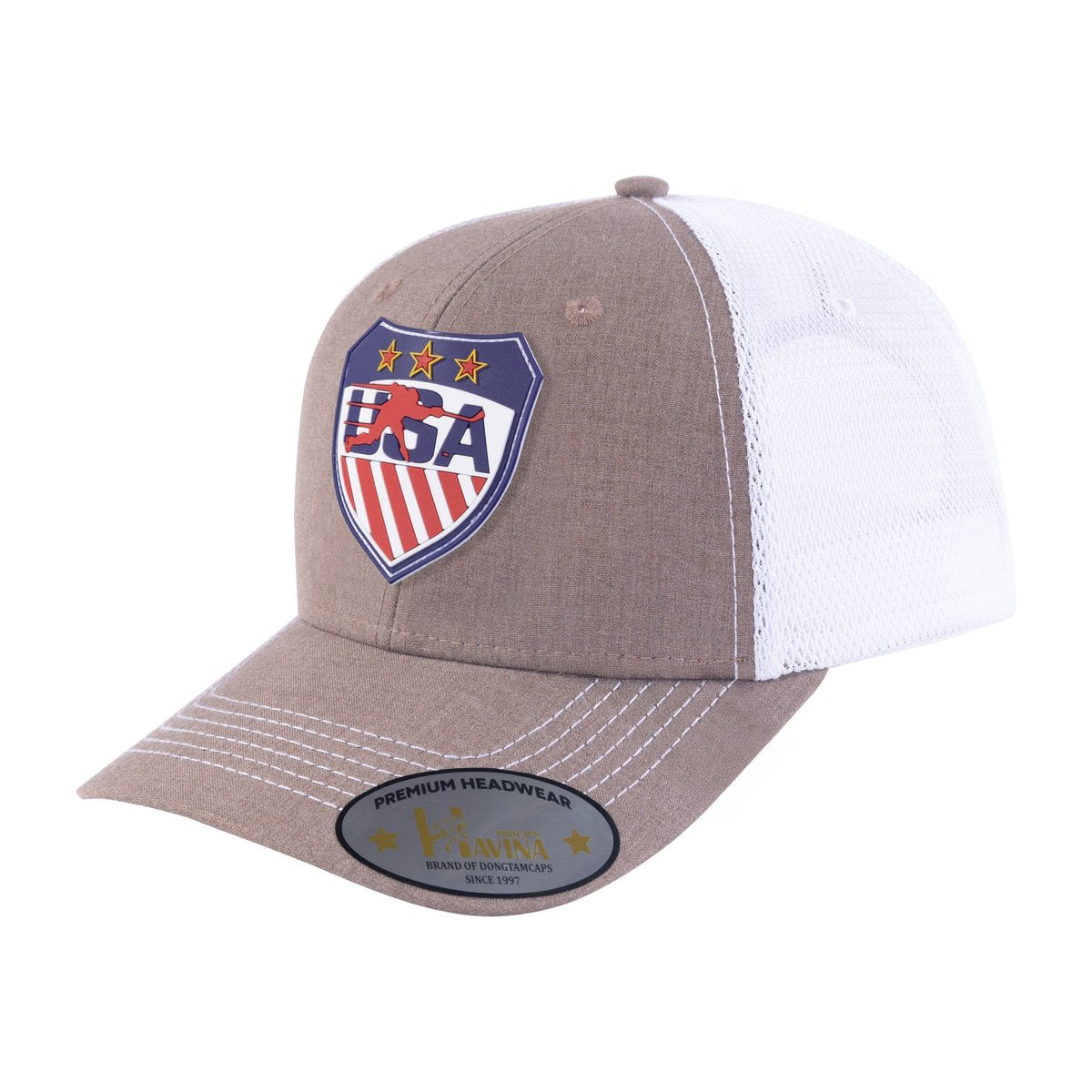 Unisex Embroidered US Loving Hockey, 6-Panel Trucker Hat, Light Brown/White, Adjustable Fit