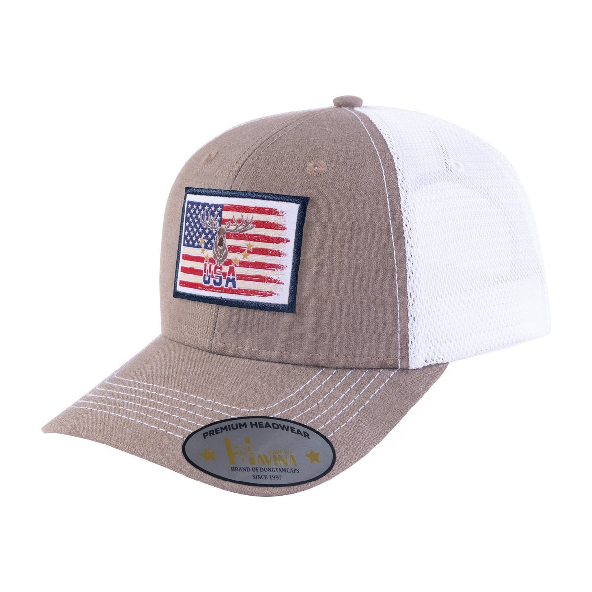 Embroidered US Deer Hunter - 6 Panel Trucker Hat - Light Brown/White