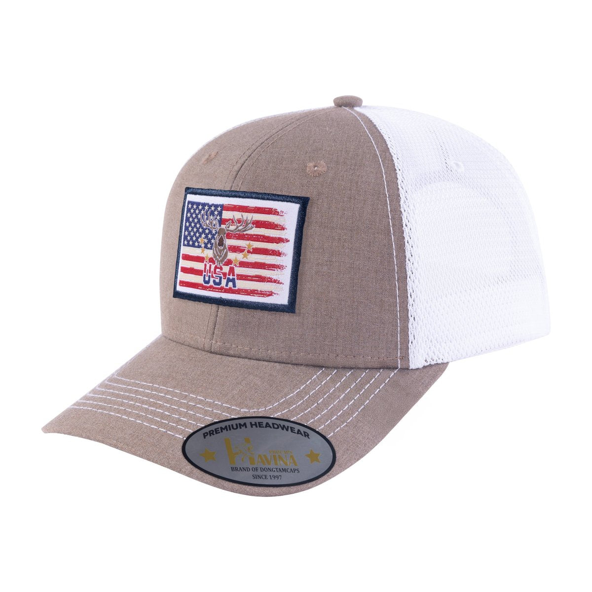 Embroidered Usa Deer Hunter - 6 Panel Trucker Hat - Light Brown/White