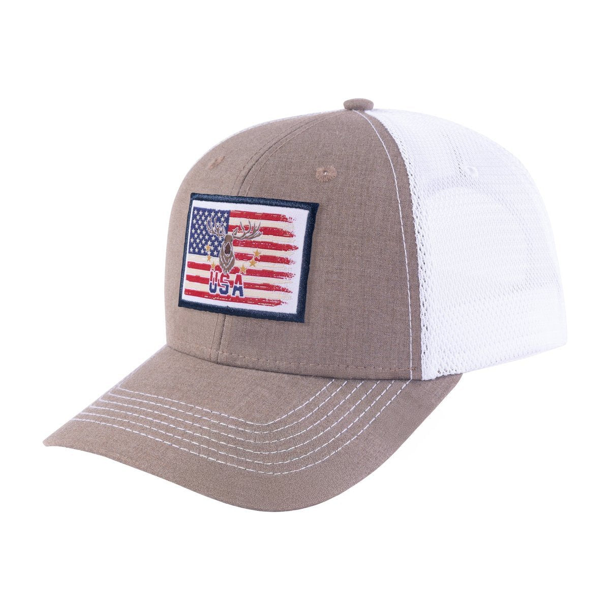 Unisex Embroidered US Deer Hunter, 6-Panel Trucker Hat, Light Brown/White, Adjustable Fit