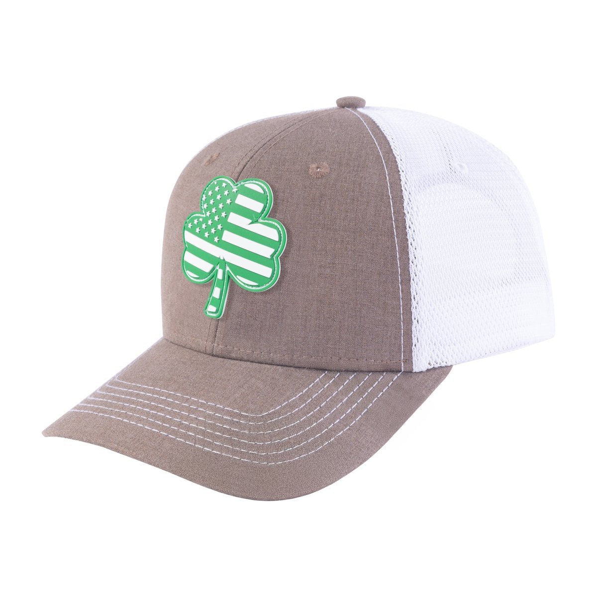 Unisex Embroidered St. Patrick'S Day Four Leaf Shamrock, 6-Panel Trucker Hat, Light Brown/White, Adjustable Fit