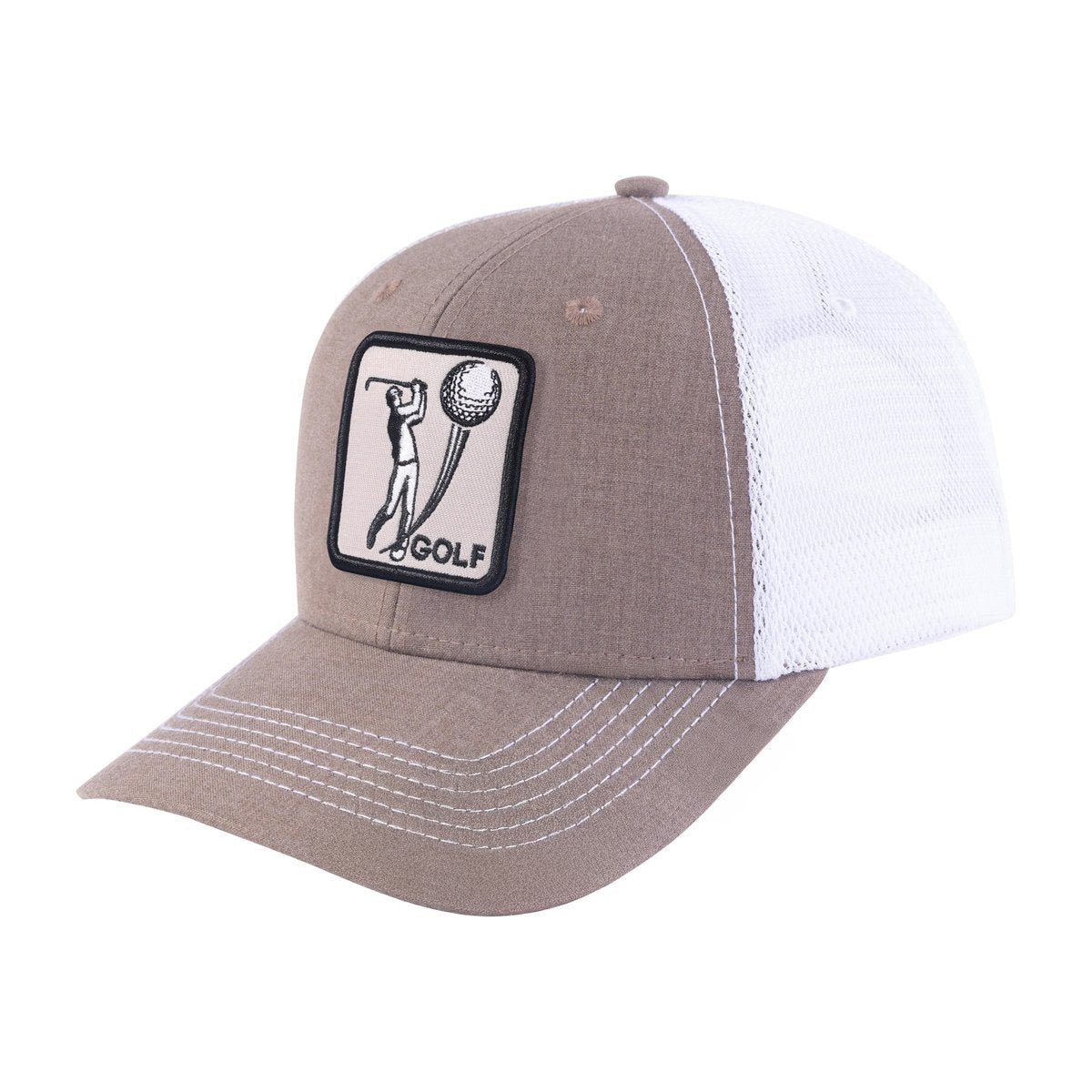Unisex Embroidered Golf, 6-Panel Trucker Hat, Light Brown/White, Adjustable Fit