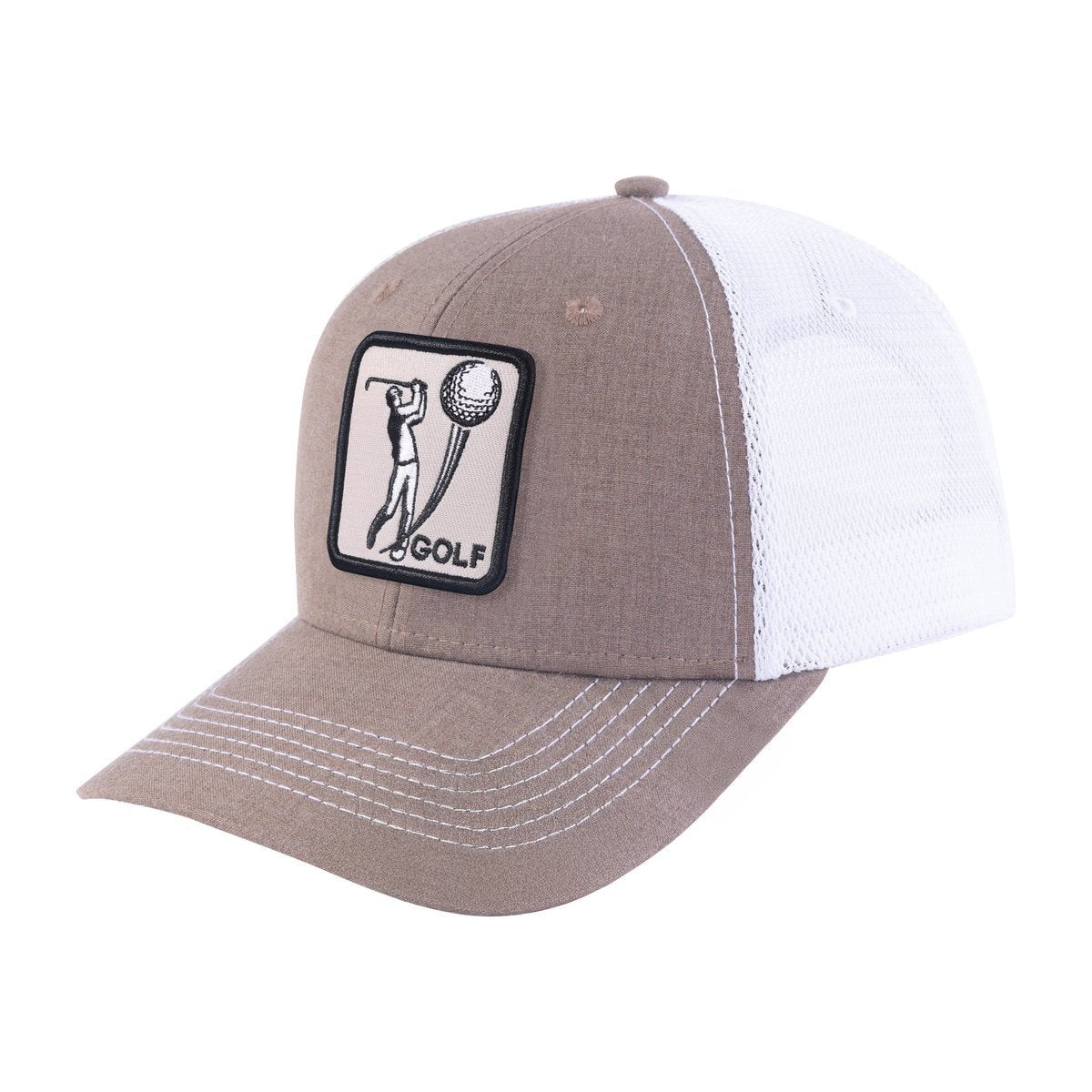 Unisex Embroidered Golf, 5-Panel Trucker Hat, Beige/White, Adjustable Fit