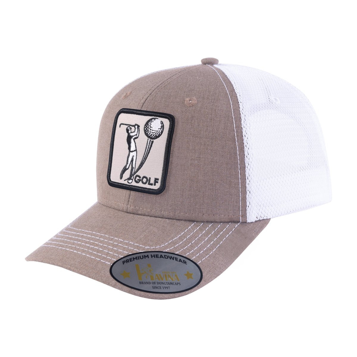 Unisex Embroidered Golf, 5-Panel Trucker Hat, Beige/White, Adjustable Fit