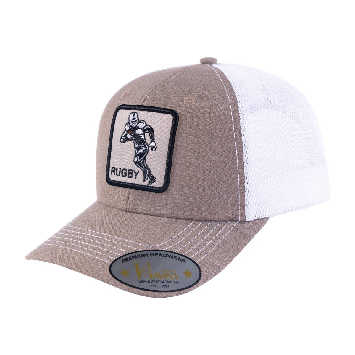 Embroidered Rugby - 6 Panel Trucker Hat - Light Brown/White