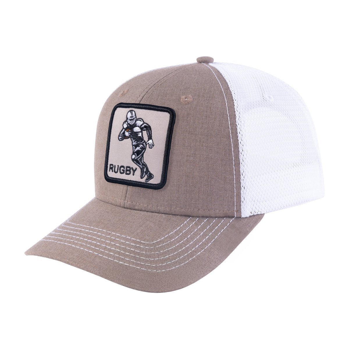 Unisex Embroidered Rugby, 6-Panel Trucker Hat, Light Brown/White, Adjustable Fit