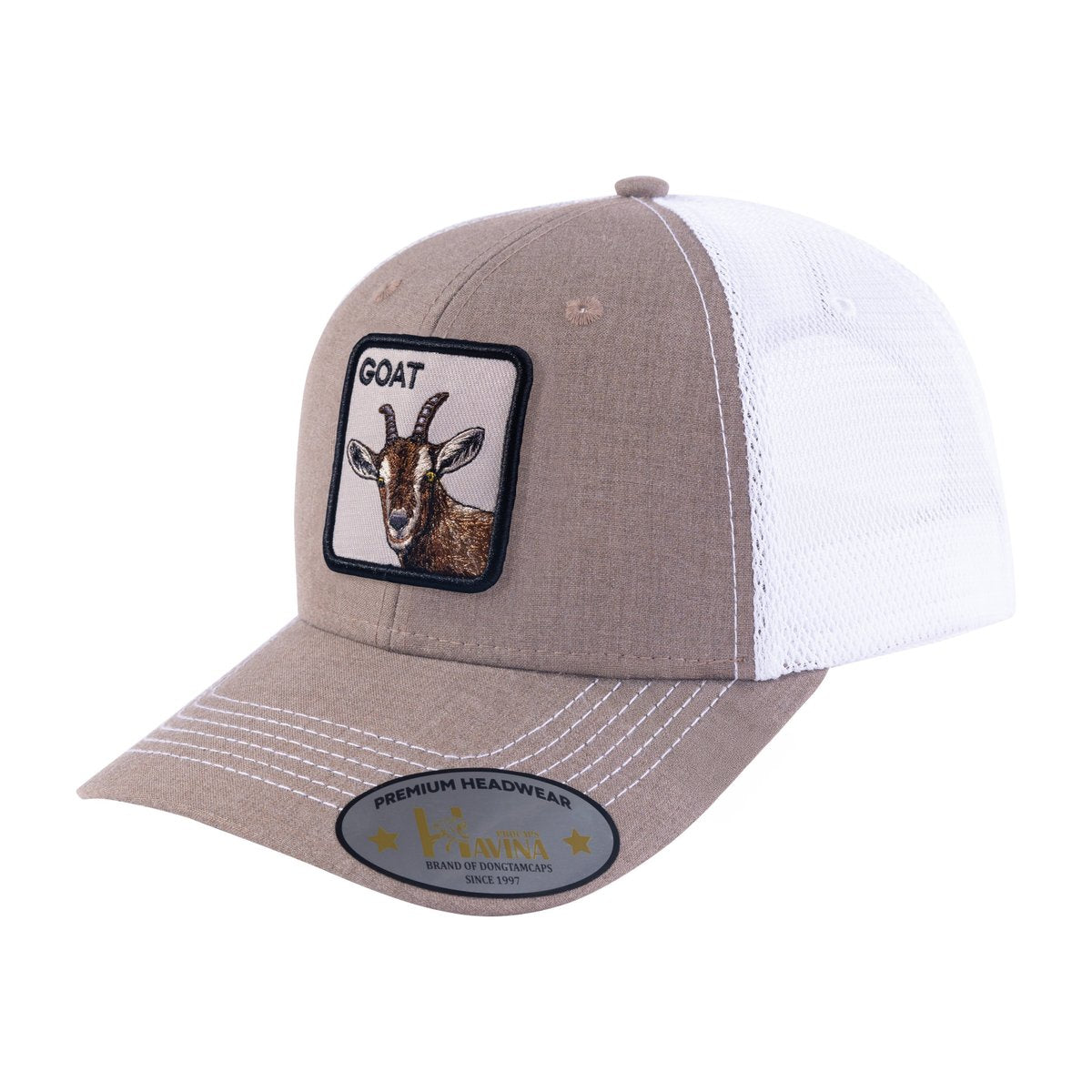 Unisex Embroidered The Goat, 6-Panel Trucker Hat, Light Brown/White, Adjustable Fit