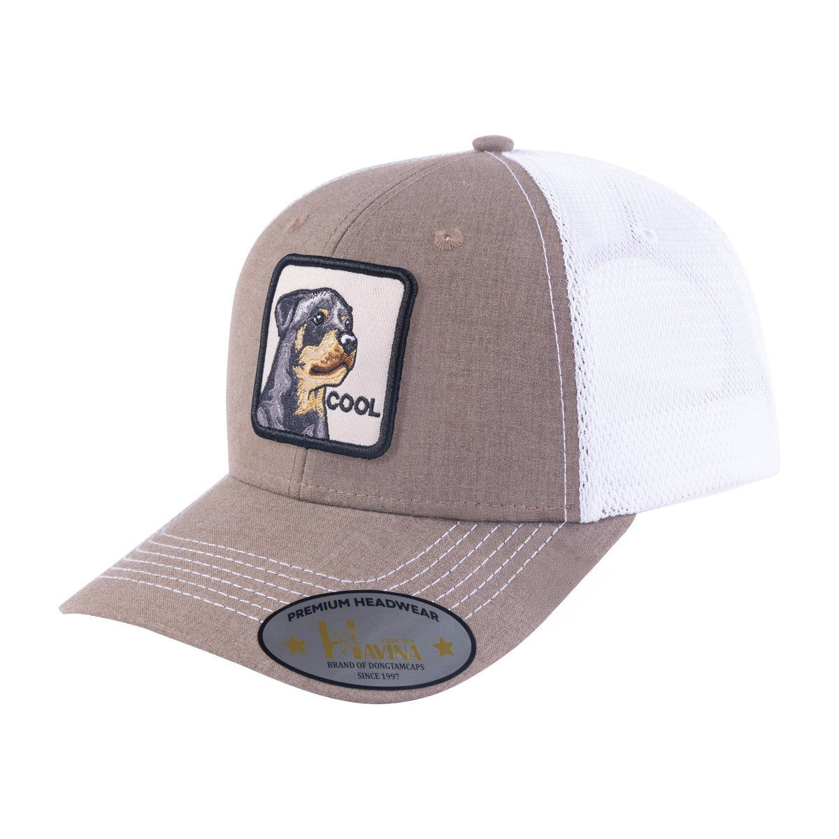Unisex Embroidered The Cool Dog, 6-Panel Trucker Hat, Light Brown/White, Adjustable Fit