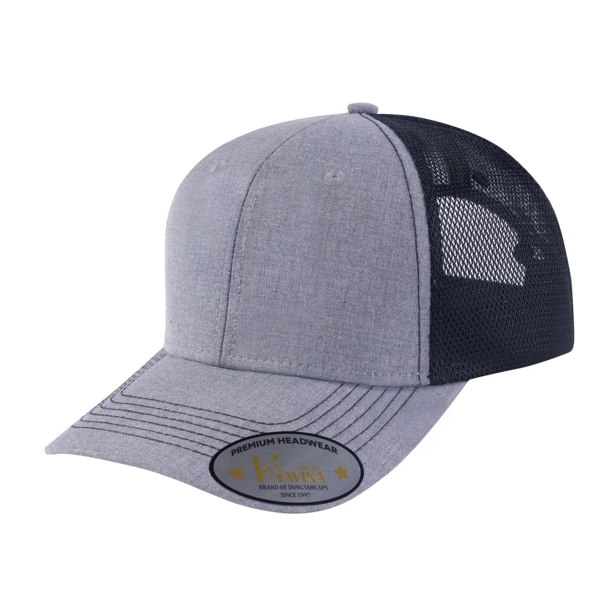 Unisex Blank, 6-Panel Trucker Hat, Light Grey/Black, Adjustable Fit