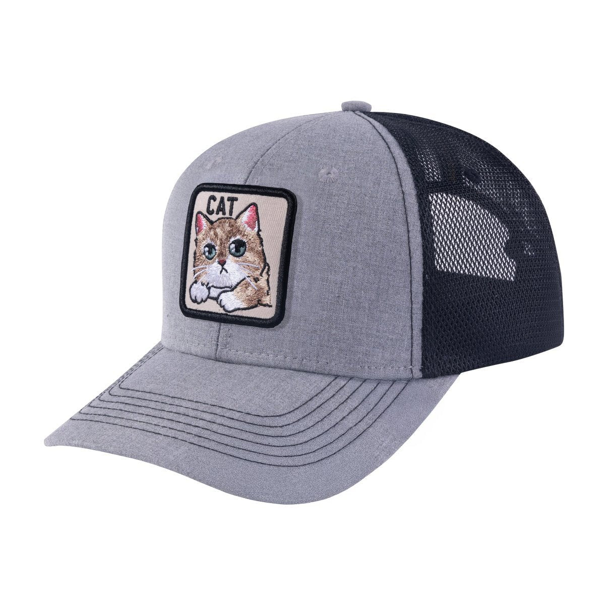 Unisex Embroidered The Cat, 6-Panel Trucker Hat, Light Grey/Black, Adjustable Fit
