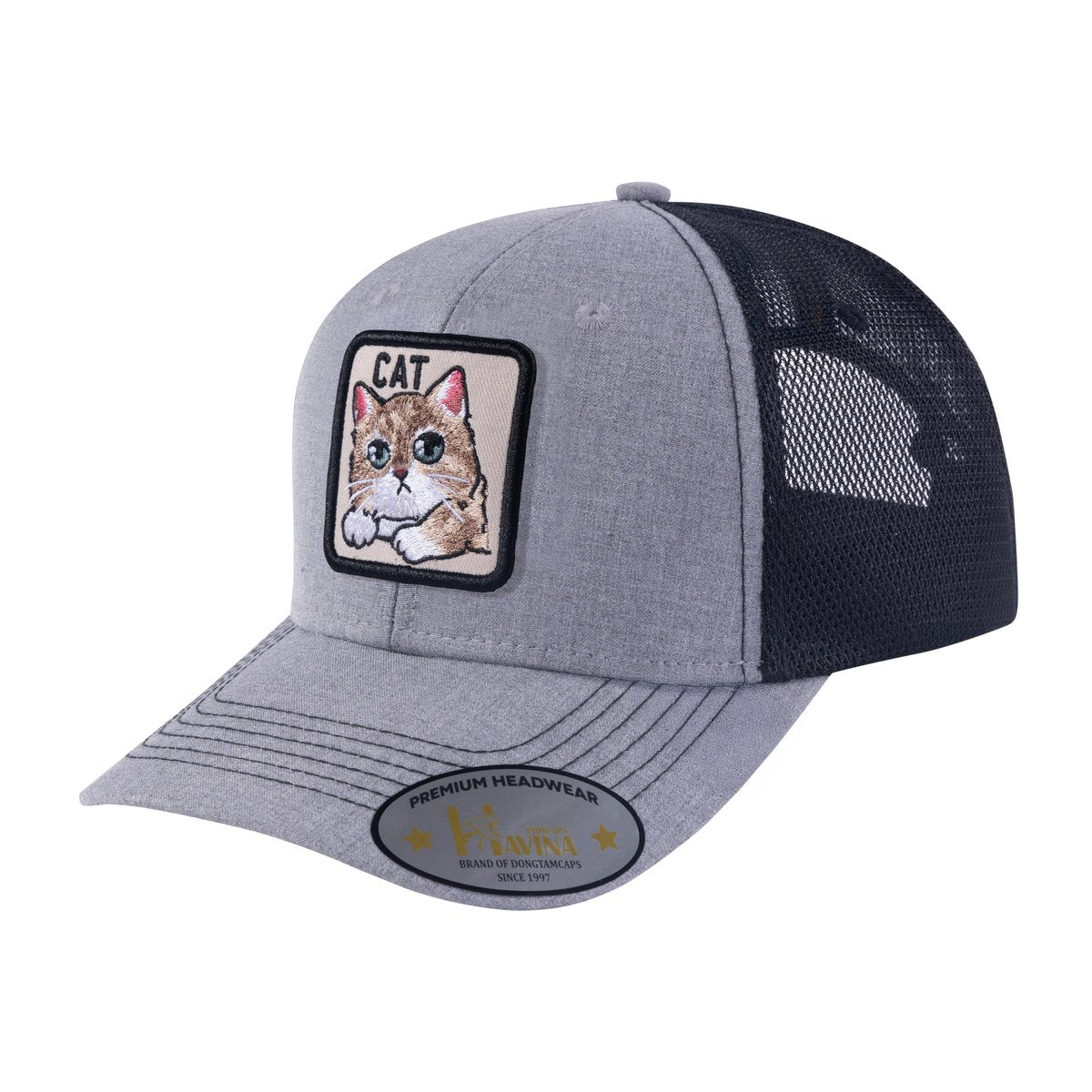 Unisex Embroidered The Cat, 6-Panel Trucker Hat, Light Grey/Black, Adjustable Fit