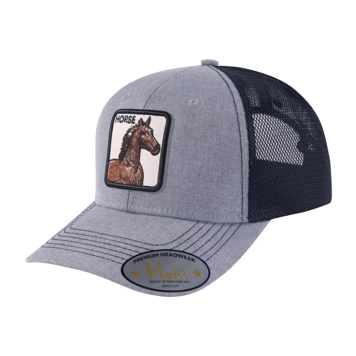 Unisex Embroidered The Horse, 6-Panel Trucker Hat, Light Grey/Black, Adjustable Fit