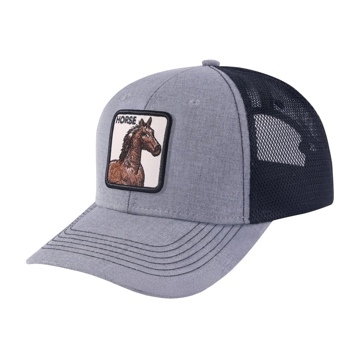 Unisex Embroidered The Horse, 6-Panel Trucker Hat, Light Grey/Black, Adjustable Fit