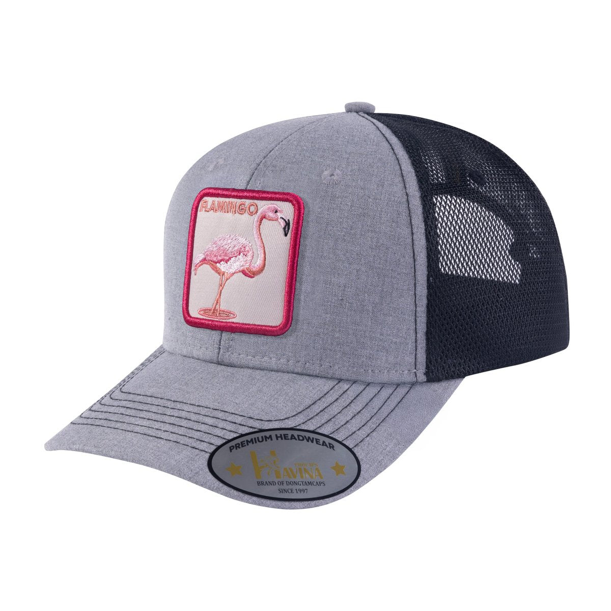 Unisex Embroidered The Flamingo, 6-Panel Trucker Hat, Light Grey/Black, Adjustable Fit